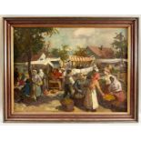 Unleserlich signiert, Ölgemälde Marktplatz mit Personen, 1. Hälfte 20. Jahrhundert