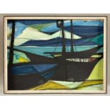 Unleserlich signiert, Gemälde Mischtechnik Gouache um 1965, Boote Schiffe, abstrakt