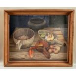 Unleserlich wohl kyrillisch signiert, Ölgemälde Stillleben mit Gemüse und Töpfen, um 1976