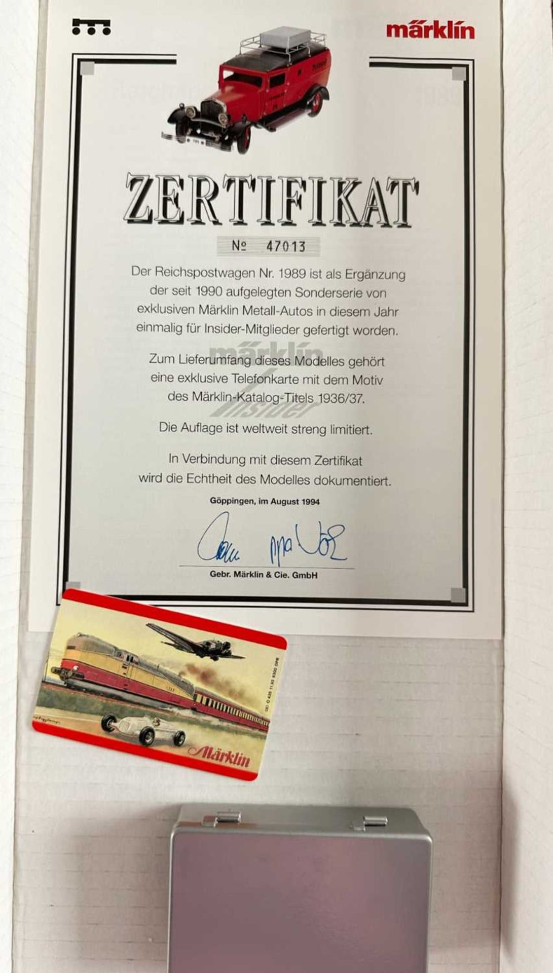 Märklin Metall 1989 Reichspostwagen Reichspost, mit Originalverpackung, Zertifikat und Telefonkarte - Bild 4 aus 4