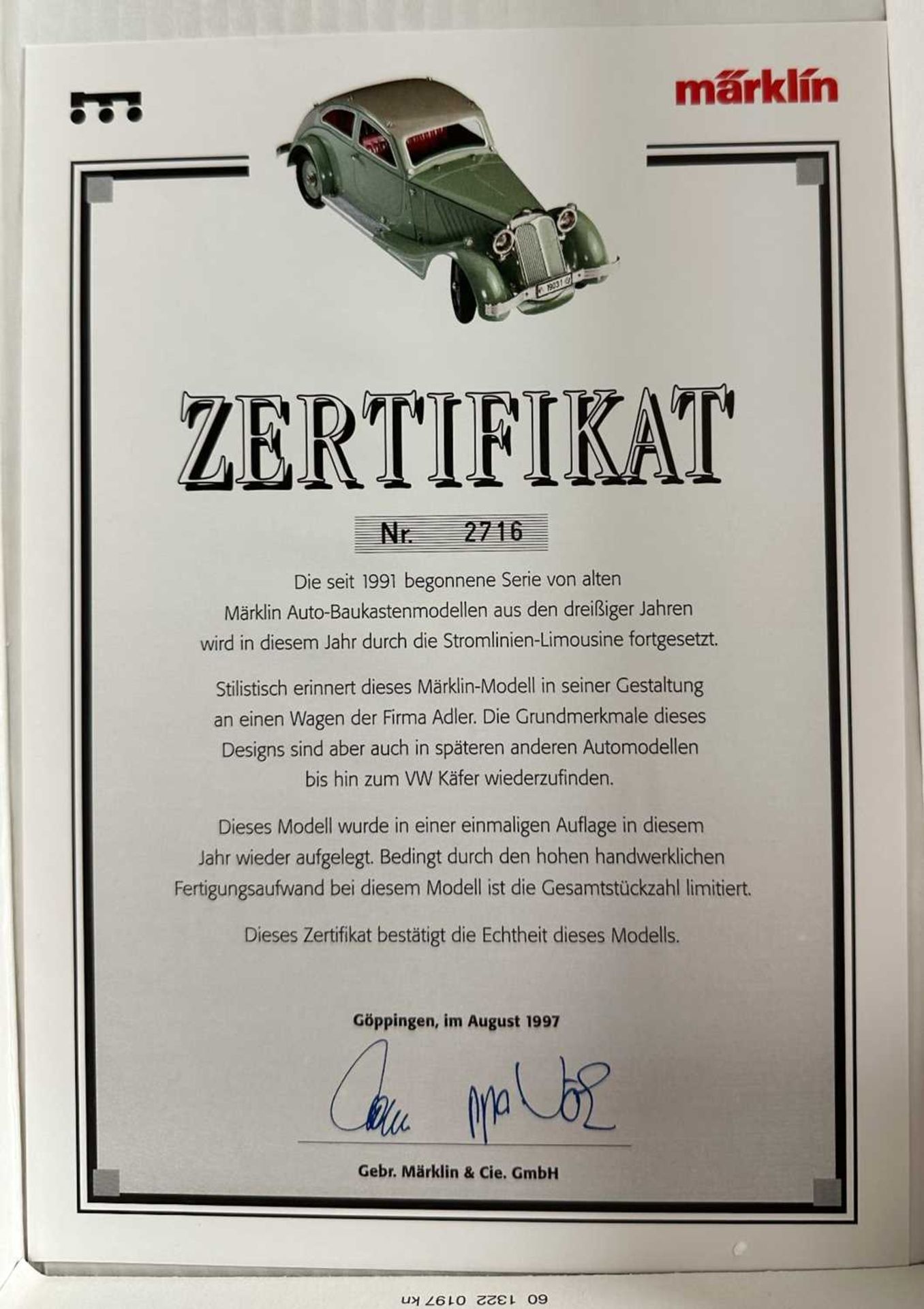 Märklin Metall 19031 Stromlinien Limousine, mit Originalverpackung und Zertifikat - Bild 5 aus 5