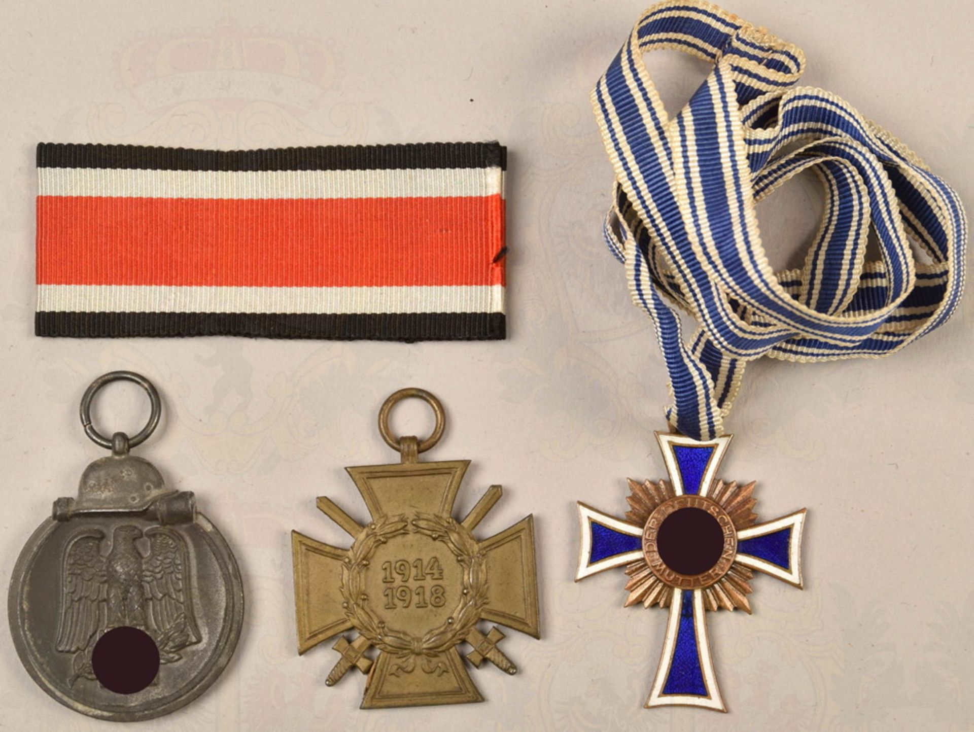 3 Third Reich medals and Iron Cross ribbon