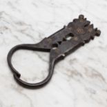 Nutcrackers - a 19th century Spanish iron lever-action nut cracker, shaped jaws, decorated with