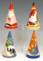 A Wedgwood reproduction Clarice Cliff Bizarre Sliced Circle pattern conical sugar sifter, hand