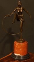 After Dominique Alonzo, an Art Deco style dark patinated bronze, semi-nude dancing girl with hoop,