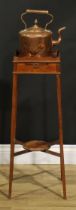 A 19th century mahogany kettle stand, square top with wavy gallery above a slide, X-stretcher with