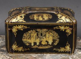 A 19th century Chinese export lacquer tea caddy, decorated in gilt, hinged cover enclosing a pair of