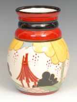 A Wedgwood reproduction Clarice Cliff Bizarre Summer House pattern, 358 shape ovoid vase, hand