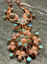 A late 19th century Belle Époque turquoise, seed pearl and gold coloured metal necklace, the