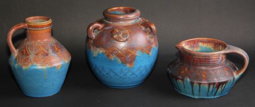 A Bourne Denby Danesby Ware Orient Castleton three handled vase, 21cm high; an Ilam jug, 12.5cm