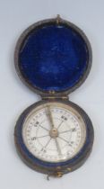 A 19th century travelling pocket compass, 4cm diam, morocco case