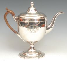 A George III Old Sheffield Plate oval pedestal coffee pot, domed cover with ball finial, fruitwood