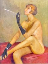 Demehka (contemporary Ukrainian) Female nude with bobbed hair smoking a cheroot signed, oil on