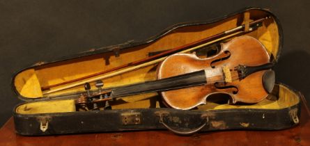 A violin, the one piece back 35.5cm long excluding button, ebonised tuning pegs, outlined throughout