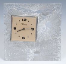 A Daum Volcanic Craters pattern glass mantel timepiece, 9.5cm square clock dial with Arabic numerals