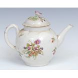 A Worcester globular teapot and cover, painted in polychrome with summer flowers, 14.5cm high, c.