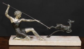 A French spelter group, Diana The Huntress with Deer, the marble base 54cm wide, c.1920