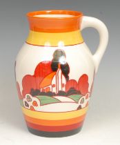 A Wedgwood reproduction Clarice Cliff Bizarre Farm House pattern Lotus Jug, hand painted based