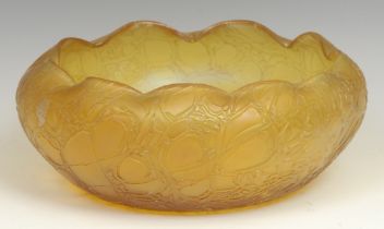 A Loetz style iridescent yellow crackle glass bowl, 24cm diameter