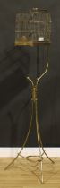 An Art Nouveau period brass hanging bird cage and floor stand, Genykage, 178cm high overall, early