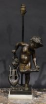 French School, 19th century, a brown patinated bronze, of a cherub with a lyre, later mounted as a