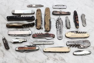 Machirology - various pocket and pen knives, a Victorian silver example, with corkscrew, 7cm over