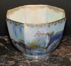 A Wedgwood Fairyland lustre octagonal bowl, gilt decoration, with phoenix to interior, and a