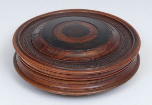 Treen - a large 19th century draught-turned specimen timber circular snuff box, 11cm diam
