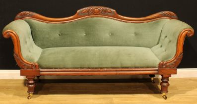 A Victorian mahogany lyre-arm sofa, serpentine back, stuffed-over upholstery, turned legs, 94cm