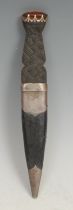 A Scottish silver coloured metal mounted sgian dubh dagger, 8.5cm blade, hardwood grip, 20cm long,