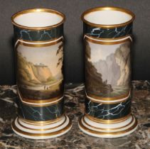 A pair of Barr Worcester cylindrical spill vases, painted with Sublime landscapes, within canted