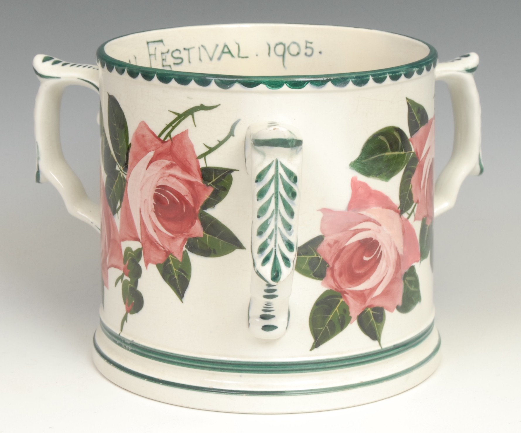 A large Bristol Pottery tyg, typically painted with red cabbage roses and green foliage, probably - Image 2 of 5