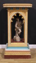 A large Gothic Revival parcel-gilt and polychrome painted pine statuary pedestal, of architectural