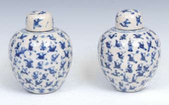 A pair of Chinese blue and white ovoid ginger jars and covers, painted in tones of underglaze blue