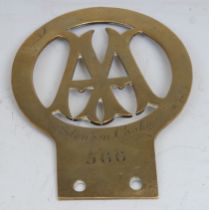 Motoring History - an early 20th century brass AA [Automobile Association] vintage car badge,