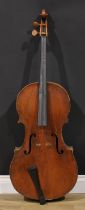 A cello, the two-piece back 74cm excluding button, boxwood tuning pegs, outlined throughout with