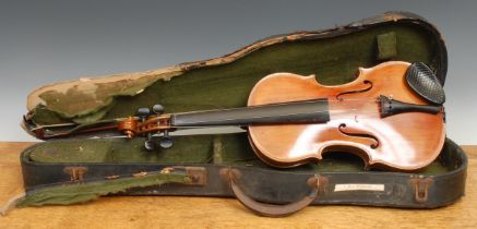 A violin, the two-piece back 35.75cm long excluding button, ebony tuning pegs, outlined throughout