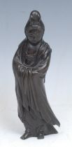 Chinese School (19th century), a brown patinated bronze, Guanyin, standing, dressed in robes, 20.5cm