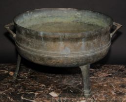 A Flemish bronze tripod cauldron, angular lug handles, 36.5cm diameter, 18th/19th century