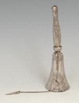 A 19th century silver coloured metal posy holder or tussie mussie, chased with leafy scrolls, 13.5cm