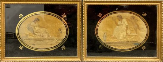 A pair of George III silk pictures, Eros and Psyche, verre églomisé, 21.5cm x 29.5cm