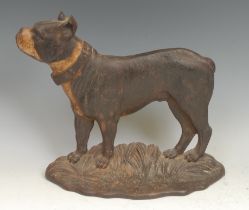 A 19th century cast iron novelty door stop, as a bull terrier dog, painted features, 25cm high, c.