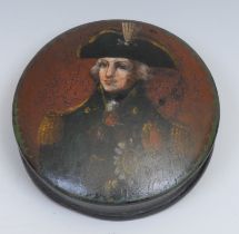 Nelson and the Battle of Trafalgar - a 19th century papier mache circular snuff box, the domed cover