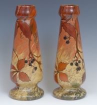 A pair of French Legras pâte de verre cameo glass tapering cylindrical vases, signed, decorated with