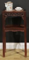 A Chinese hardwood vase stand or tea table, rectangular top with inset marble panel, shaped apron