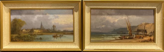 Dutch School (20th century) a townscape and beached fishing boats oils on panel, 20.5cm x 39cm