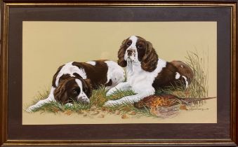 Polyanna Pickering (1942-2018), Springer Spaniels with Game, signed, watercolour and gouache, 44.5cm