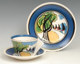 A Wedgwood reproduction Clarice Cliff Bizarre May Avenue pattern conical teacup, saucer and side