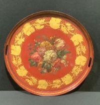 A 19th century toleware gallery tray, decorated in polychrome and gilt with a spray of summer