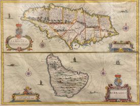 John Speed (1551/52 - 1629), a two-page coloured map, Jamaica and Barbados, sold by Thomas Basset in